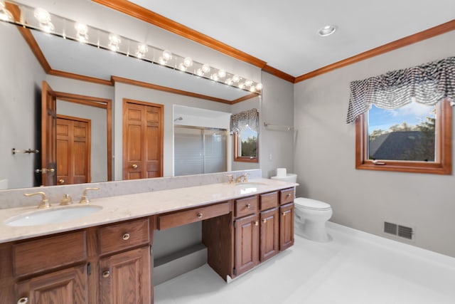 full bath featuring double vanity, visible vents, a sink, and ornamental molding