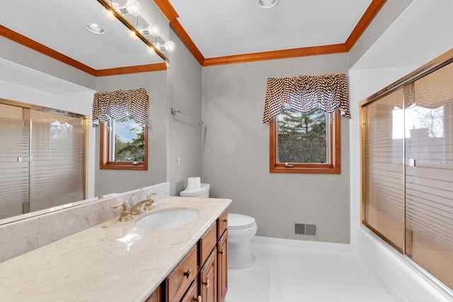 full bath with toilet, vanity, visible vents, baseboards, and ornamental molding