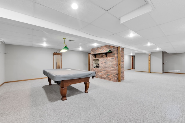 playroom featuring carpet, a drop ceiling, visible vents, and baseboards