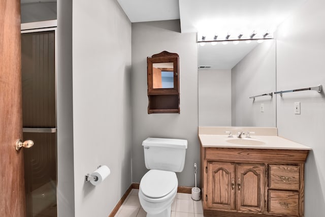 bathroom featuring tile patterned flooring, toilet, visible vents, vanity, and baseboards