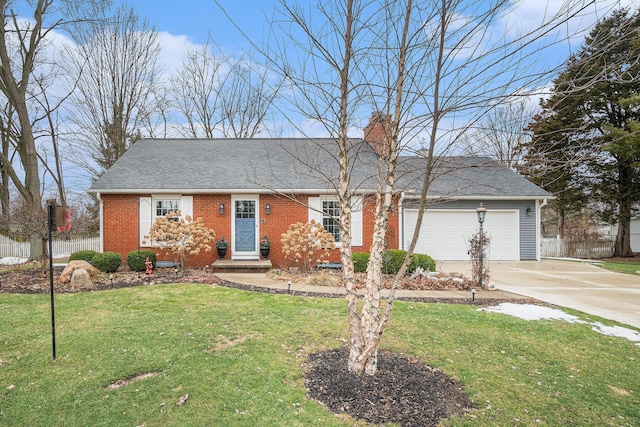 single story home with a garage, brick siding, fence, concrete driveway, and a front lawn