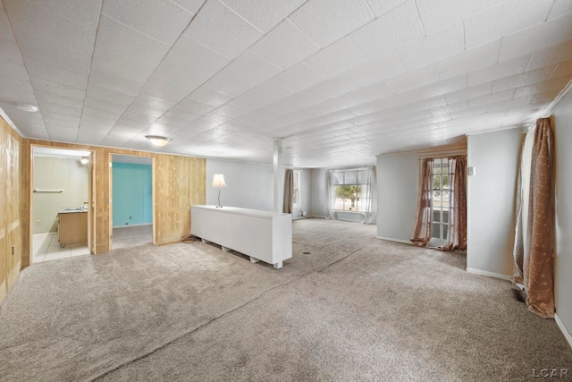 basement featuring carpet floors and wood walls