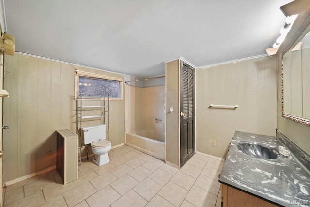 full bath with a tub to relax in, toilet, vanity, tile patterned floors, and walk in shower