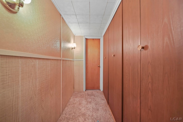 hallway featuring a textured wall and carpet flooring