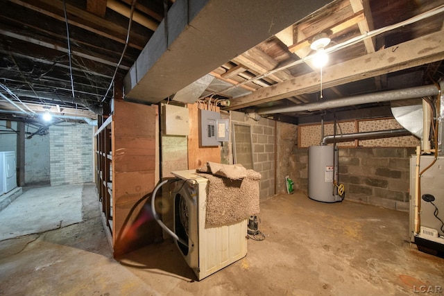 unfinished below grade area with washer / dryer, electric panel, and water heater