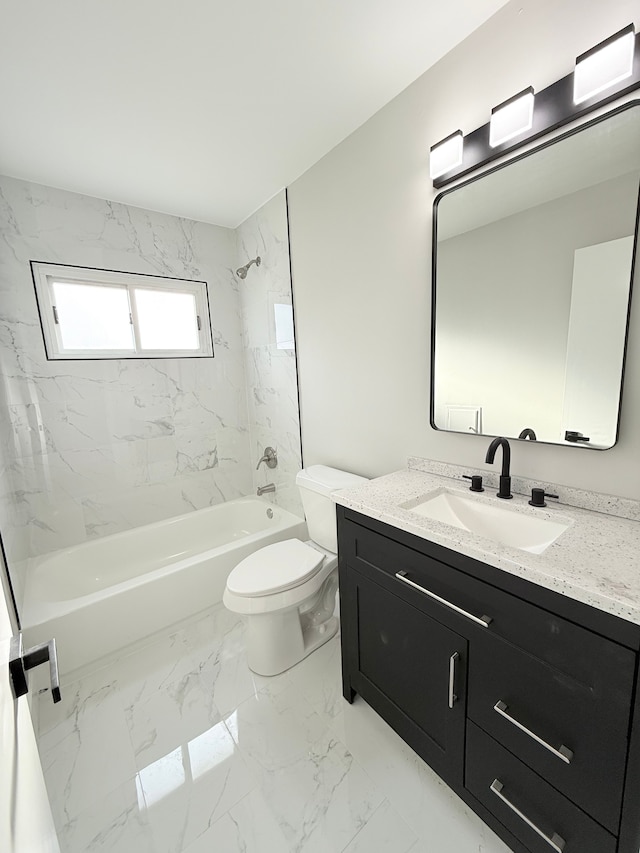 bathroom featuring marble finish floor,  shower combination, vanity, and toilet