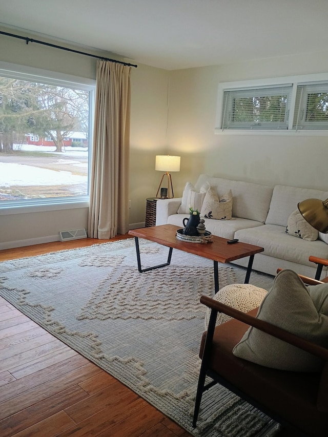 living area with visible vents and wood finished floors