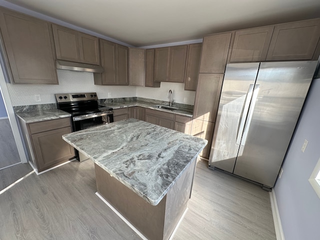 kitchen with under cabinet range hood, light wood-style flooring, stainless steel appliances, and a sink