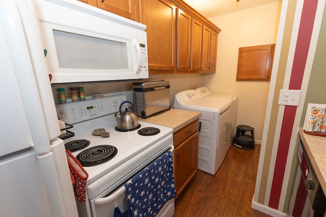 kitchen featuring white appliances, baseboards, brown cabinetry, dark wood-style floors, and light countertops