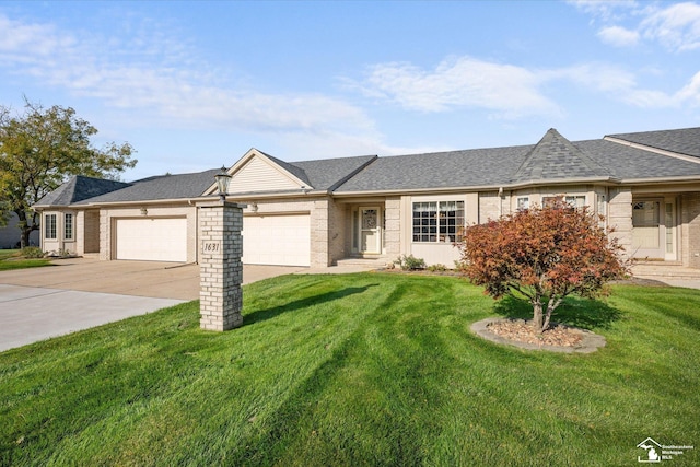 ranch-style home featuring an attached garage, driveway, a front lawn, and brick siding