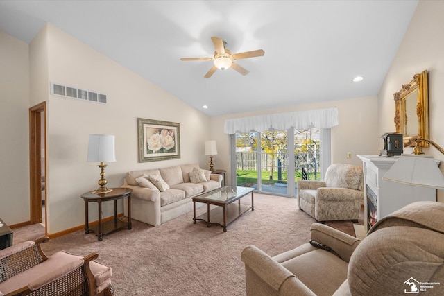 carpeted living area with baseboards, visible vents, a ceiling fan, high vaulted ceiling, and recessed lighting