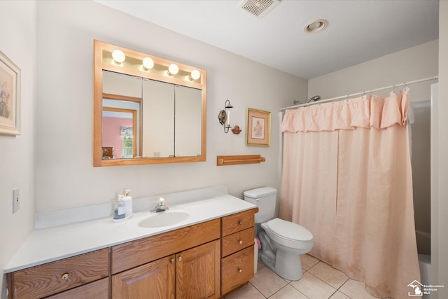 bathroom featuring curtained shower, tile patterned flooring, toilet, visible vents, and vanity