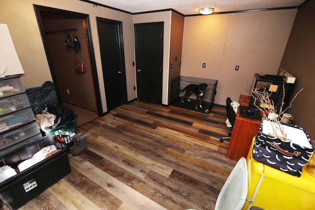 interior space featuring wood finished floors and crown molding