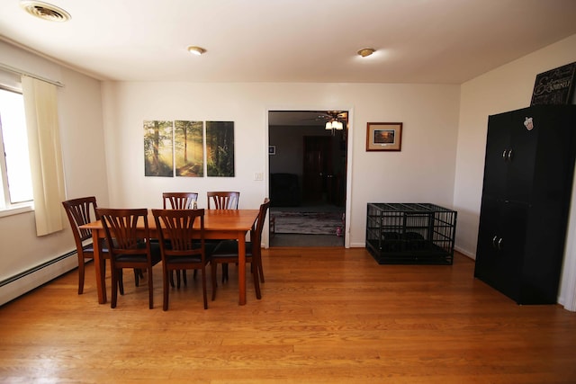 dining area featuring light wood-style floors, visible vents, and a ceiling fan