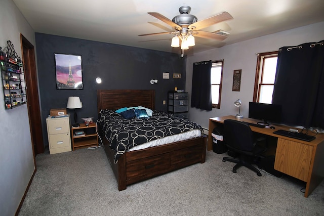 bedroom featuring carpet, visible vents, and ceiling fan