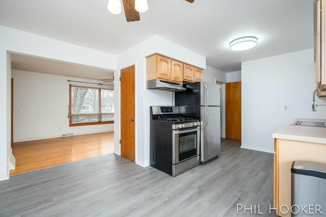 kitchen with appliances with stainless steel finishes, light wood-type flooring, ceiling fan, and under cabinet range hood