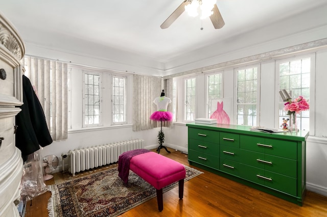 living area featuring baseboards, plenty of natural light, radiator heating unit, and wood finished floors