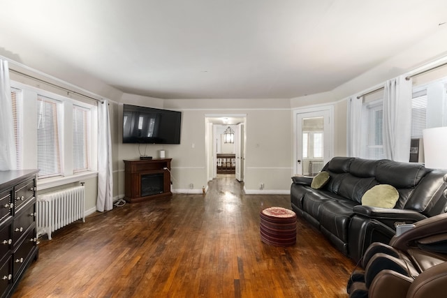 living room featuring radiator, wood-type flooring, a fireplace, and baseboards