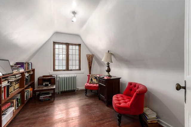 sitting room featuring vaulted ceiling, hardwood / wood-style floors, and radiator heating unit