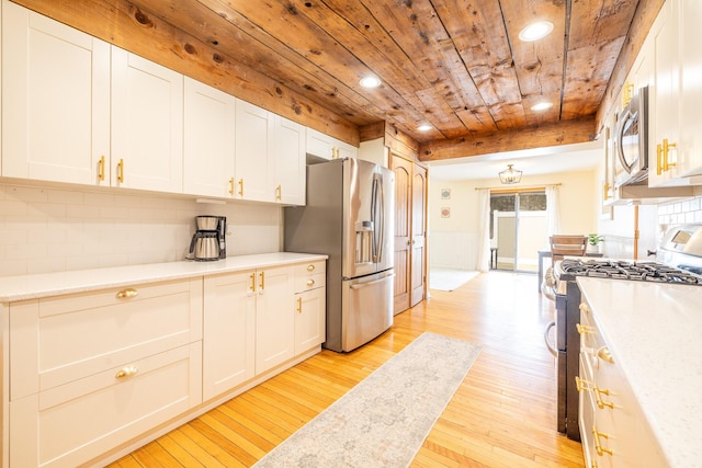 kitchen with light wood finished floors, wood ceiling, stainless steel appliances, light countertops, and backsplash