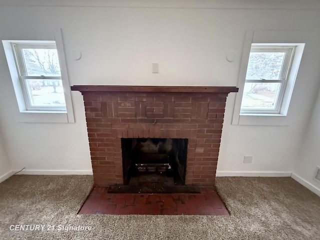 details with carpet floors, a brick fireplace, and baseboards