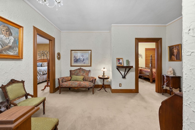 living area with crown molding, carpet flooring, and a textured wall