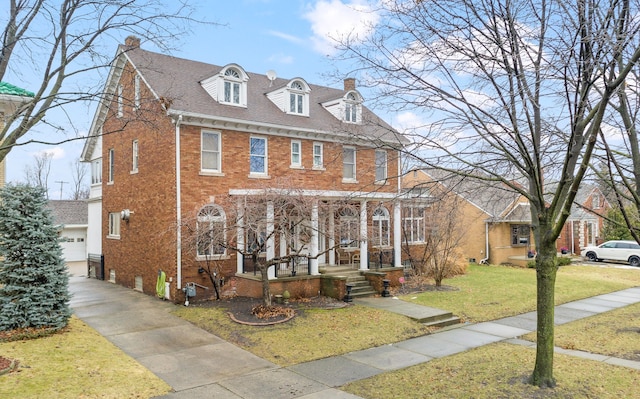 view of front facade with a porch, a front yard, brick siding, and a chimney