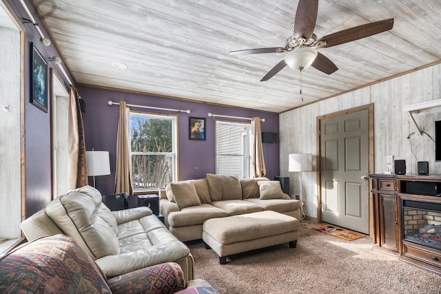 carpeted living area with ceiling fan and ornamental molding