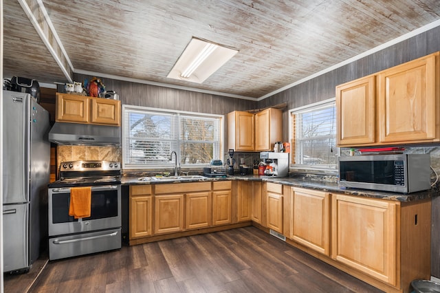 kitchen featuring wooden ceiling, under cabinet range hood, a sink, appliances with stainless steel finishes, and dark wood-style floors