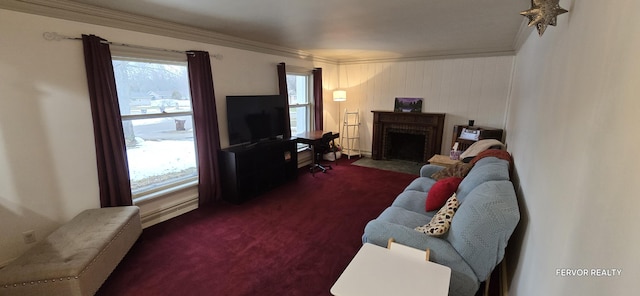 carpeted living area featuring a fireplace with flush hearth and crown molding