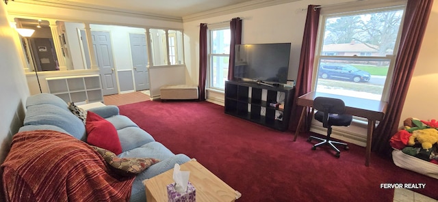 living room featuring carpet, decorative columns, and ornamental molding