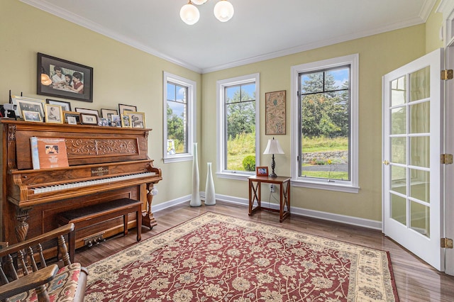 living area featuring baseboards, crown molding, and wood finished floors