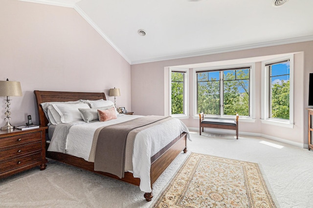 carpeted bedroom featuring lofted ceiling, multiple windows, and crown molding