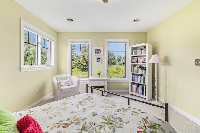 bedroom featuring carpet, visible vents, and baseboards