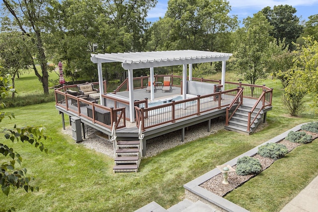 deck featuring stairway, a lawn, and a pergola