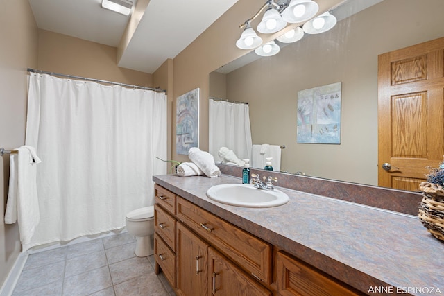 full bath featuring vanity, curtained shower, tile patterned flooring, and toilet