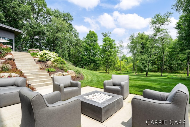 exterior space featuring a fire pit and stairs