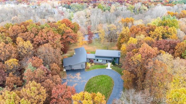 bird's eye view with a wooded view