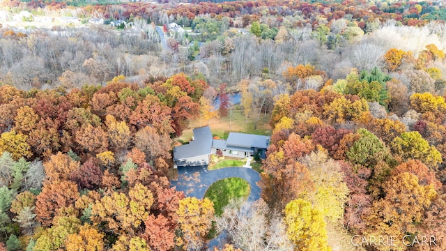 drone / aerial view featuring a view of trees