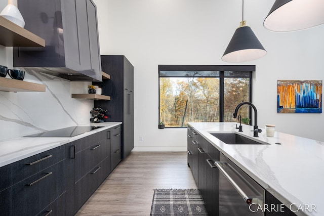 kitchen featuring black electric stovetop, a sink, decorative backsplash, open shelves, and modern cabinets