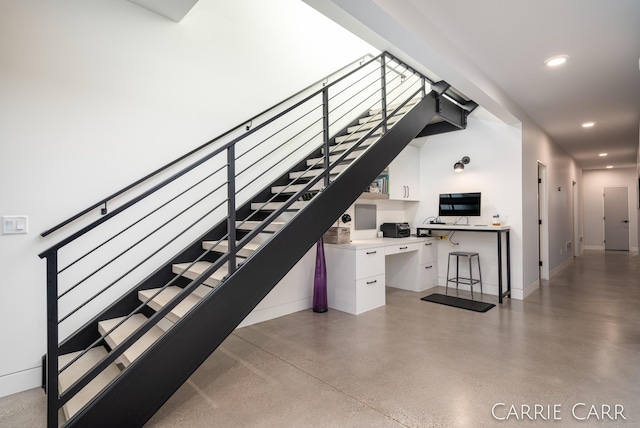 staircase featuring recessed lighting and baseboards