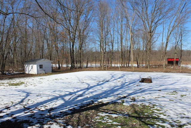 yard layered in snow featuring an outbuilding and a storage unit