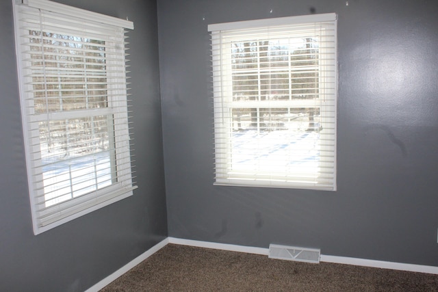 empty room with carpet floors, a wealth of natural light, visible vents, and baseboards