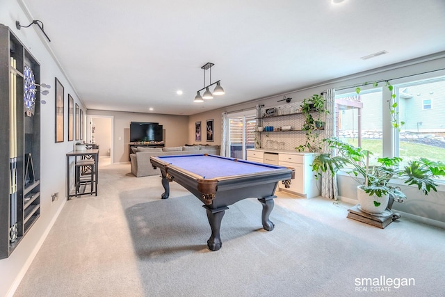 game room featuring light carpet, billiards, and baseboards