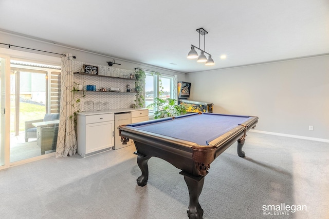 rec room with light carpet, billiards, and baseboards