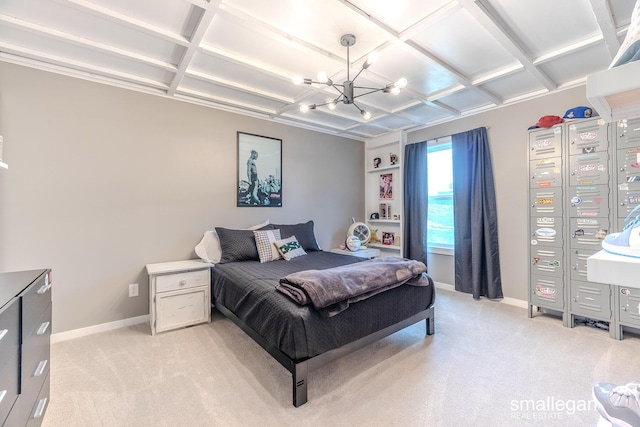 bedroom featuring light carpet, coffered ceiling, baseboards, and a notable chandelier