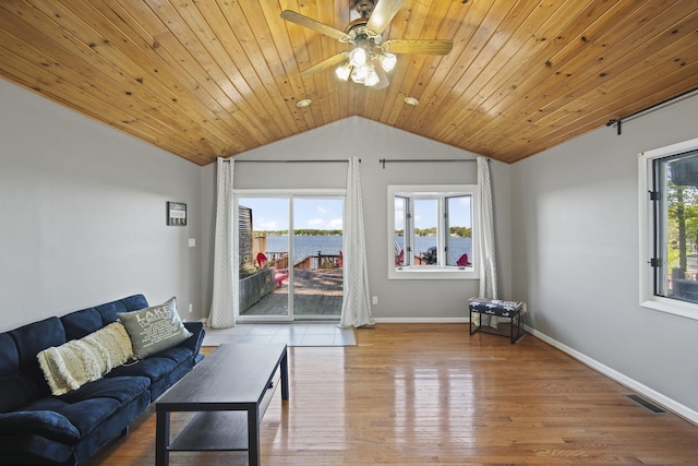 living area with baseboards, visible vents, lofted ceiling, wooden ceiling, and wood finished floors