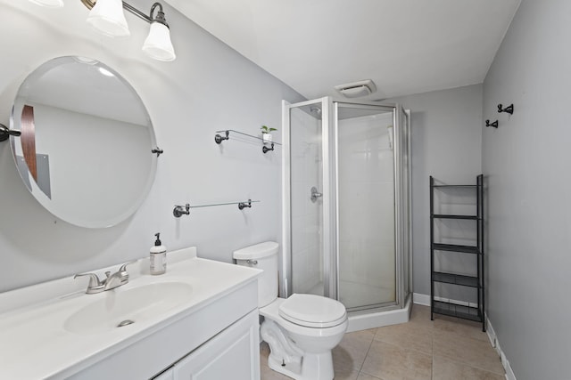 full bathroom with visible vents, toilet, vanity, a shower stall, and tile patterned floors