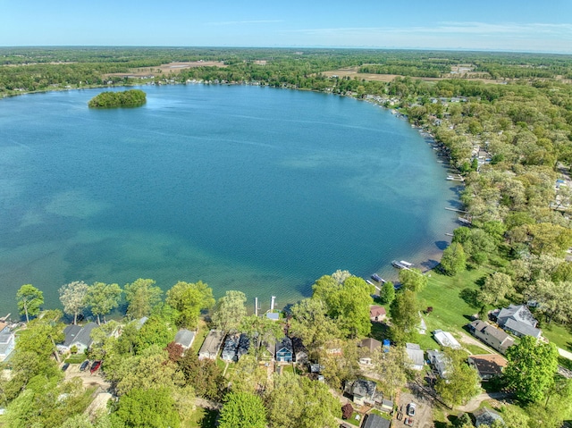 birds eye view of property with a water view and a view of trees