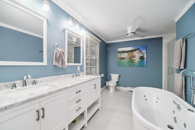 bathroom featuring ornamental molding, a sink, a jetted tub, and ceiling fan